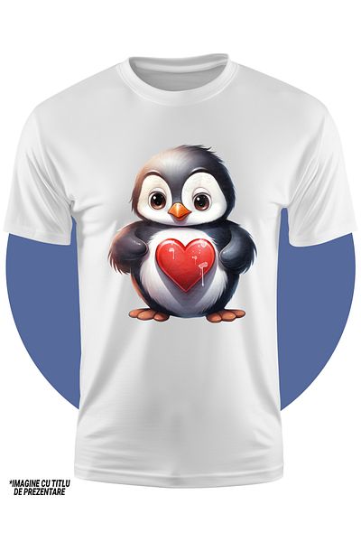 StoryGift Romania Tricou Copii Cu Un Pinguin Surprins, Ilustratie, Apreciere, Inima, Cadou, Valentine's Day,