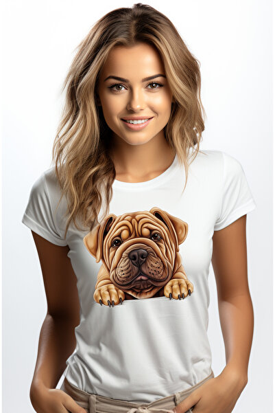 StoryGift Romania Tricou Femei cu un caine Shar Pei, ilustratie, gheare, labute, maro deschis, gra WHT_L