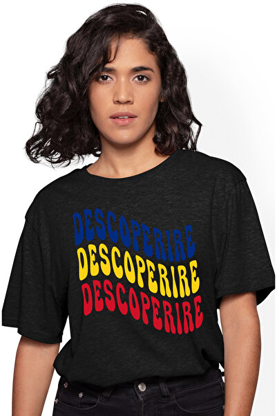 StoryGift Romania Tricou Femei Cuvantul Descoperire, in Culorile Steagului Romaniei, Rosu, Galben, BLK_L