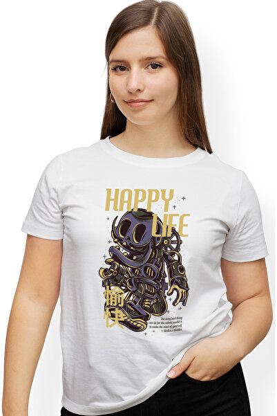 StoryGift Romania Tricou Femei Cu Robot Cu Chip Zambitor, Text Mov In Engleza Happy Life, Artwork, WHT_L