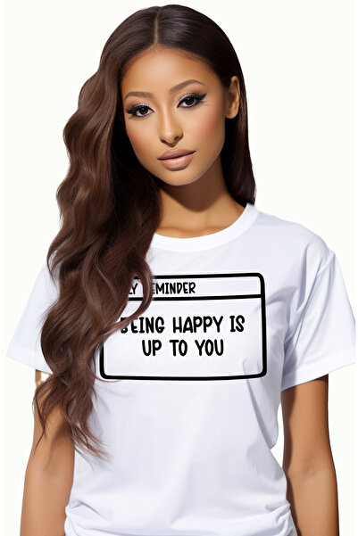 StoryGift Romania Tricou Femei cu mesajul in engleza "Being happy is up to you" - depinde de tine WHT_M