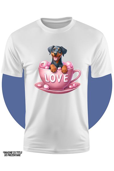 StoryGift Romania Tricou Copii Cu Un Catel Care Sta Intr-o Ceasca, Ilustratie, Mesajul "love", Negru Si Maro