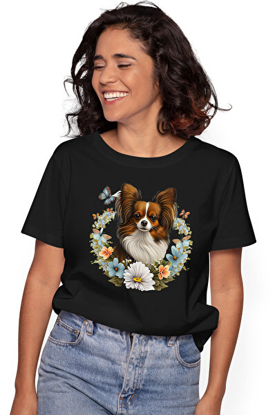 StoryGift Romania Tricou Femei cu un catelus putin timid, ilustratie, cerc, floricele, fluturasi, BLK_L