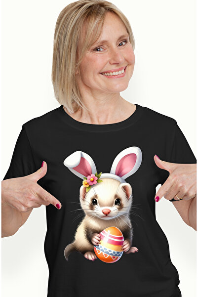 StoryGift Romania Tricou Femei cu un mic rozator, ilustratie, ou vopsit, urechi de iepure, florice BLK_M