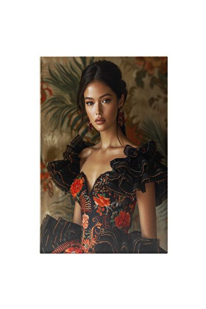 StoryGift Romania Tablou Canvas Eleganța Înflorită A Brunetei Cu Cercei Roșii...