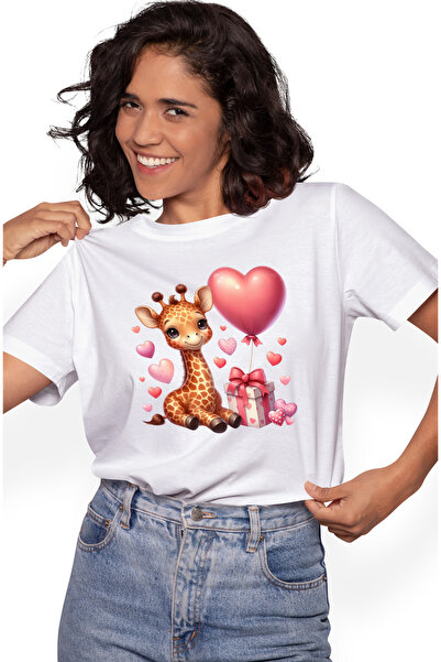StoryGift Romania Tricou Femei cu un pui de girafa vesel, ilustratie, inimioa...