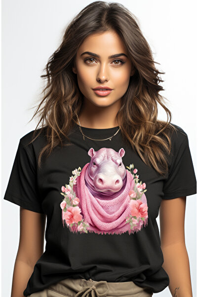 StoryGift Romania Tricou Femei cu un hipopotam nervos, ilustratie, floricele,...