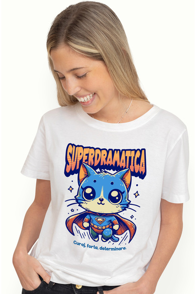StoryGift Romania Tricou Femei Super Dramatica, SuperErou, Pisica Zburand, cu...