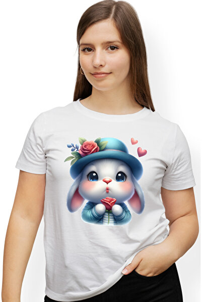 StoryGift Romania Tricou Femei cu un iepuras care da un pupic, ilustratie, tr...