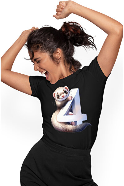 StoryGift Romania Tricou Femei cu animalut care tine cifra 4, ilustratie, pentru copii, scoala, el BLK_L