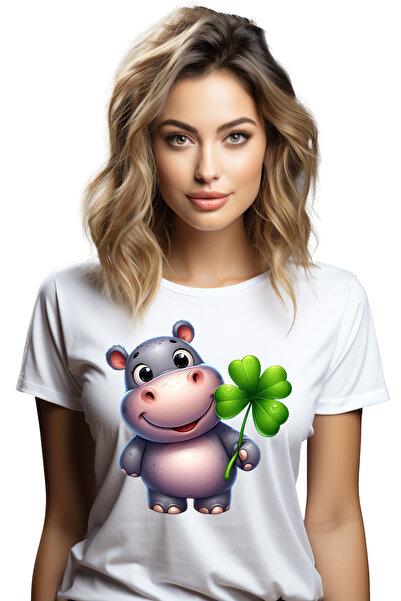 StoryGift Romania Tricou Femei cu un pui de hipopotam vesel, noroc, Irlanda, ...