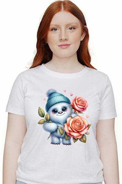 StoryGift Romania Tricou Femei cu Yeti care tine trandafiri, ilustratie, inimi, omul zapezilor, ca WHT_L