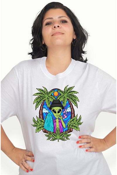 StoryGift Romania Tricou Femei Cu Extraterestru, Hippie, Palmieri, Surf, Soare, Placa De Surf, Cam WHT_L
