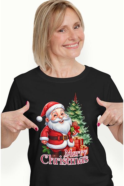 StoryGift Romania Tricou Femei cu Mos Craciun aducand cadouri cu mesajul "Merry Christmas", Craciu BLK_L