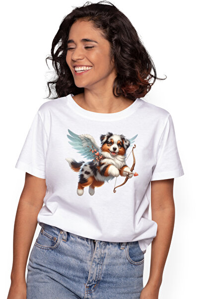 StoryGift Romania Tricou Femei cu un catelus blanos, vesel, ilustratie, trage cu arcul, zboara, ar WHT_L