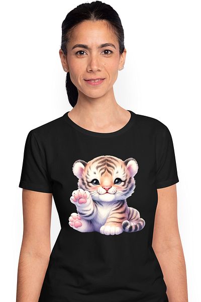 StoryGift Romania Women's T-shirt with a cheerful tiger cub, illustration, playful, raises its paw, makes a c BLK_L