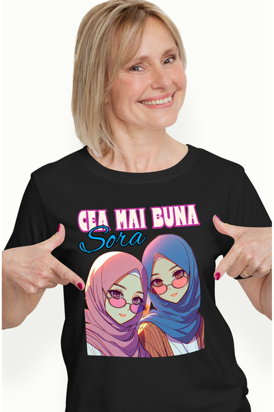 StoryGift Romania Tricou Femei Doua Fete Tinere Text Cea Mai Buna Sora cu imprimeu pe Fata, 100% B BLK_L