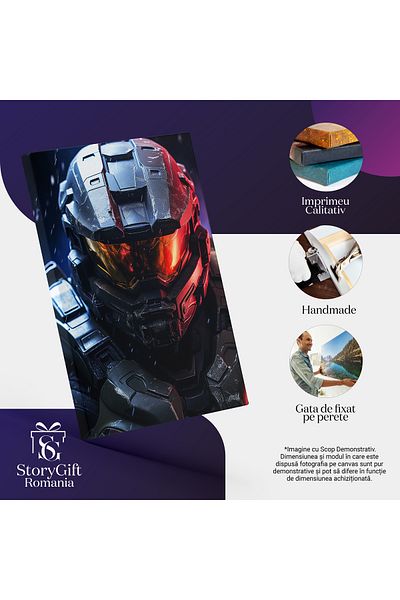 StoryGift Romania Tablou Canvas: Halo Master Chief Personaj In Armura Neagra Si Casca De Protectie Si Peisaj Col