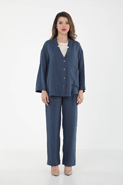 ELLA DİZAYN طقم بنطلون وسترة وبلوزة من الكتان مكون من 3 قطع