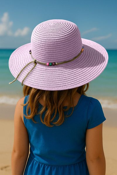 LAGRANZE Girl 4-12 Years Old Bead Detailed Summer Straw Children's Hat Purple