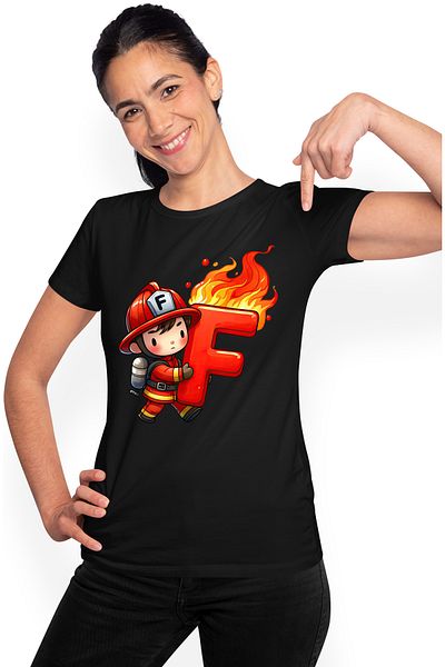 StoryGift Romania Tricou Femei cu un pompier care tine litera "F" in flacari, scoala, alfabet, abe BLK_L