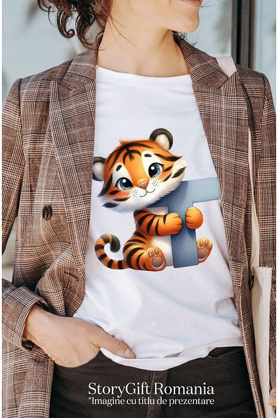 StoryGift Romania Women's T-shirt with a tiger with the letter "T", illustration, for children, school, student, WHT_L