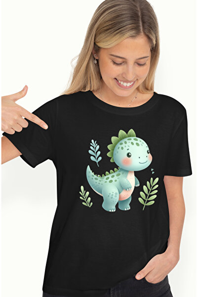 StoryGift Romania Tricou Femei cu un pui de dinozaur verde, ilustratie, plant...