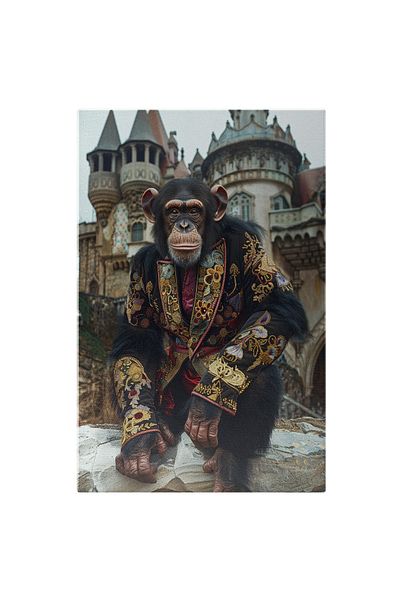 StoryGift Romania Canvas Print Brown-Eyed Monkey in Black Jacket with Patterns Standing on a Cracked Wall Next to a C