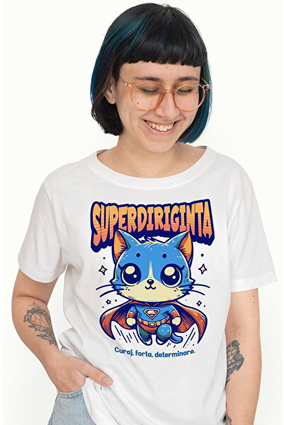StoryGift Romania Tricou Femei Super Diriginta, SuperErou, Pisica Zburand, cu imprimeu pe Fata, 1 WHT_L