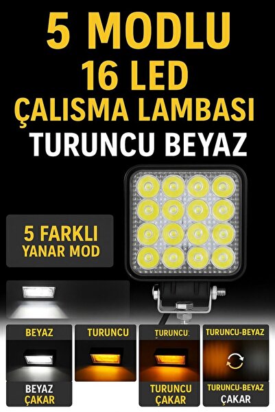 ASTRA LED 16 Led 5 Modlu Flaşlı Turuncu Beyaz Çalışma Lambası