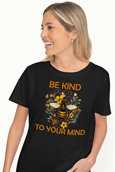 StoryGift Romania Women's T-shirt with a bee with the message "Be kind to your mind", illustration, motivational BLK_L