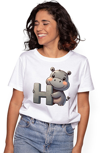 StoryGift Romania Tricou Femei cu hipopotam cu litera "H", ilustratie, pentru...