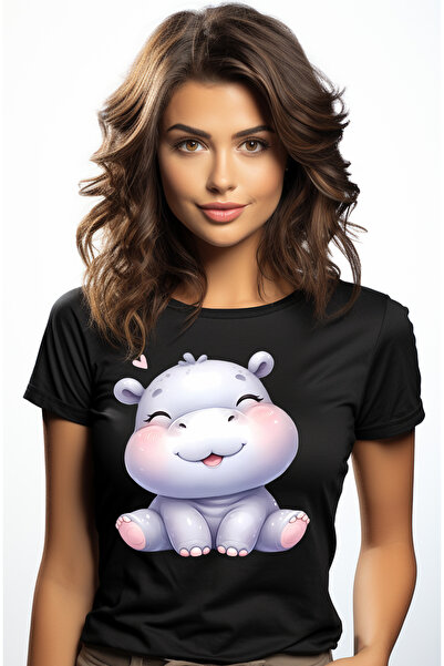 StoryGift Romania Tricou Femei cu o femela hipopotam micuta, imbujorata, inim...