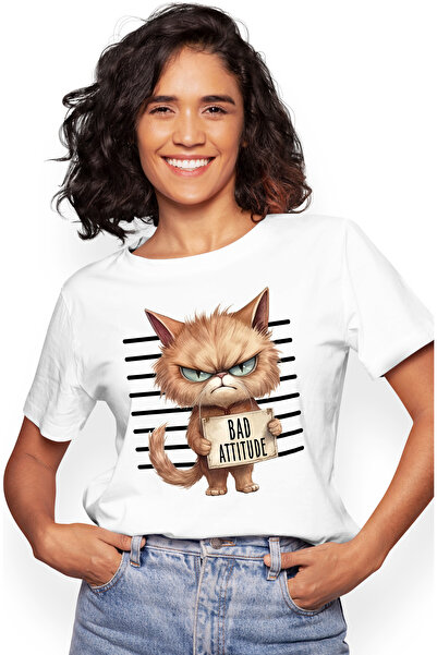 StoryGift Romania Tricou Femei cu pisica in puscarie cu mesajul "Bad attitude...