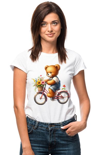 StoryGift Romania Tricou Femei cu un ursulet de plus care merge cu bicicleta, plimbare, ilustratie WHT_L
