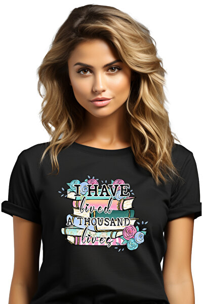 StoryGift Romania Tricou Femei cu un teanc de carti cu mesajul "I have lived ...