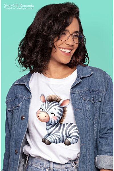 StoryGift Romania Tricou Femei cu o zebra fericita, ilustratie, sta cuminte, natura, jungla, liber WHT_L