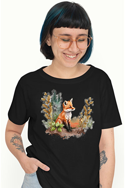 StoryGift Romania Tricou Femei cu o vulpe care se uita in departare, ilustratie, natura, padure, c BLK_L