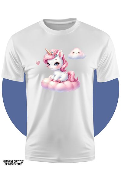 StoryGift Romania Tricou Copii Cu Un Unicorn Cam Somnoros, Ilustratie, Sta Pe Norisor, Inimioara, Afectiune,