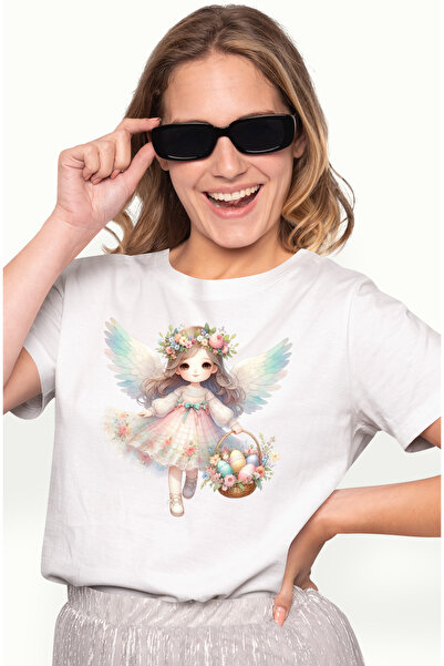 StoryGift Romania Tricou Femei cu o fetita cu aripi de ingeras, ilustratie, floricele, oua vopsite WHT_L