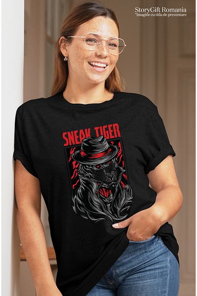 StoryGift Romania Women's T-shirt With Tiger With Tall Hat WITH Red Band, Outfit with High Collar, S BLK_M