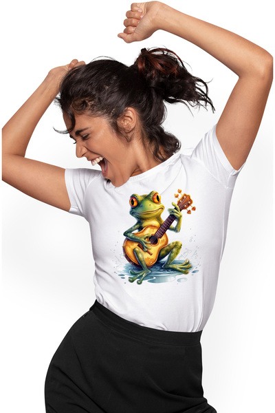 StoryGift Romania Tricou Femei cu un broscoi care canta la chitara, ilustrati...