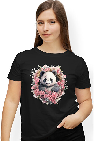 StoryGift Romania Tricou Femei cu un urs Panda, ilustratie, coroana din flori...