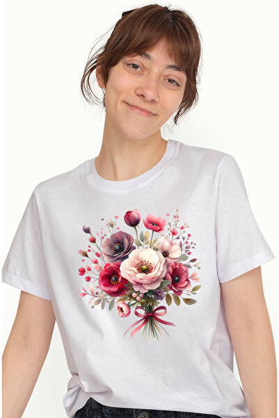 StoryGift Romania Tricou Femei cu un buchet cu flori de diverse culori, ilust...