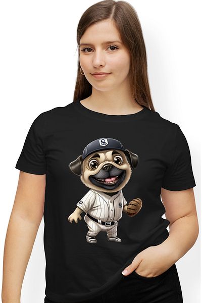 StoryGift Romania Tricou Femei cu un catel Pug care joaca baseball, manusa, prinde mingea, echipam BLK_L