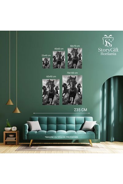 StoryGift Romania Tablou Canvas: Animal Cadru Alb-negru Cu Cai Care Aleargă- Fotografie Alb-negru Și Animale Săl