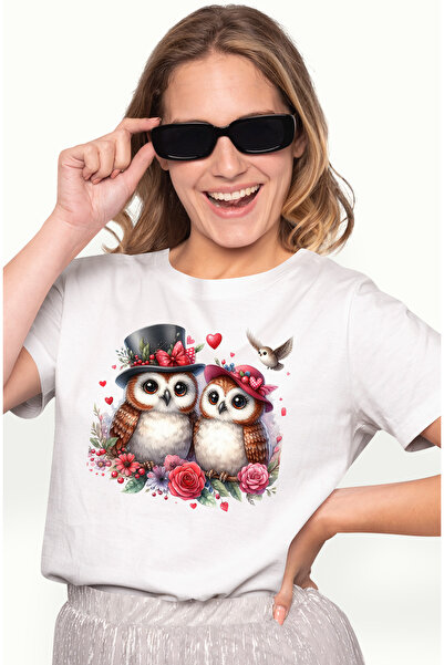 StoryGift Romania Tricou Femei cu bufnite, ilustratie, palarii, floricele, iubire, apreciere, afec WHT_L