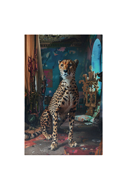 StoryGift Romania Tablou Canvas Ghepard Înconjuat De Artefacte- Model Indian, Podea Colorată, Statuete , Pictura