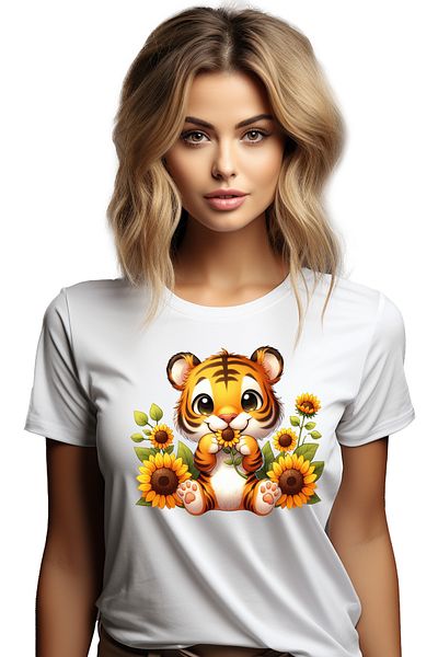 StoryGift Romania Women's T-shirt with a little tiger, illustration, sunflower, curious, playful, pl WHT_L