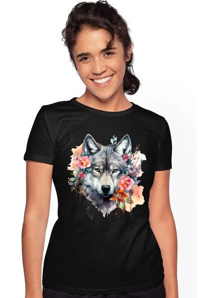 StoryGift Romania Tricou Femei cu un lup serios, ilustratie, flori, natura, plante, padure, pradat BLK_L